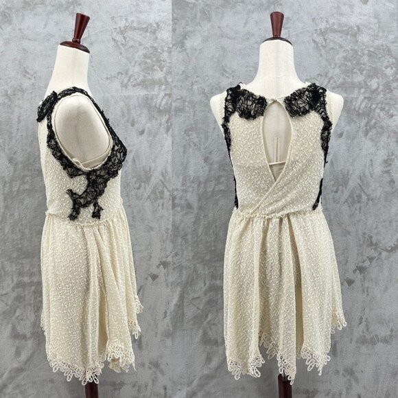 Free People Cream Black Lace Fit & Flare Mini Dress Keyhole Back - Picture 2 of 15